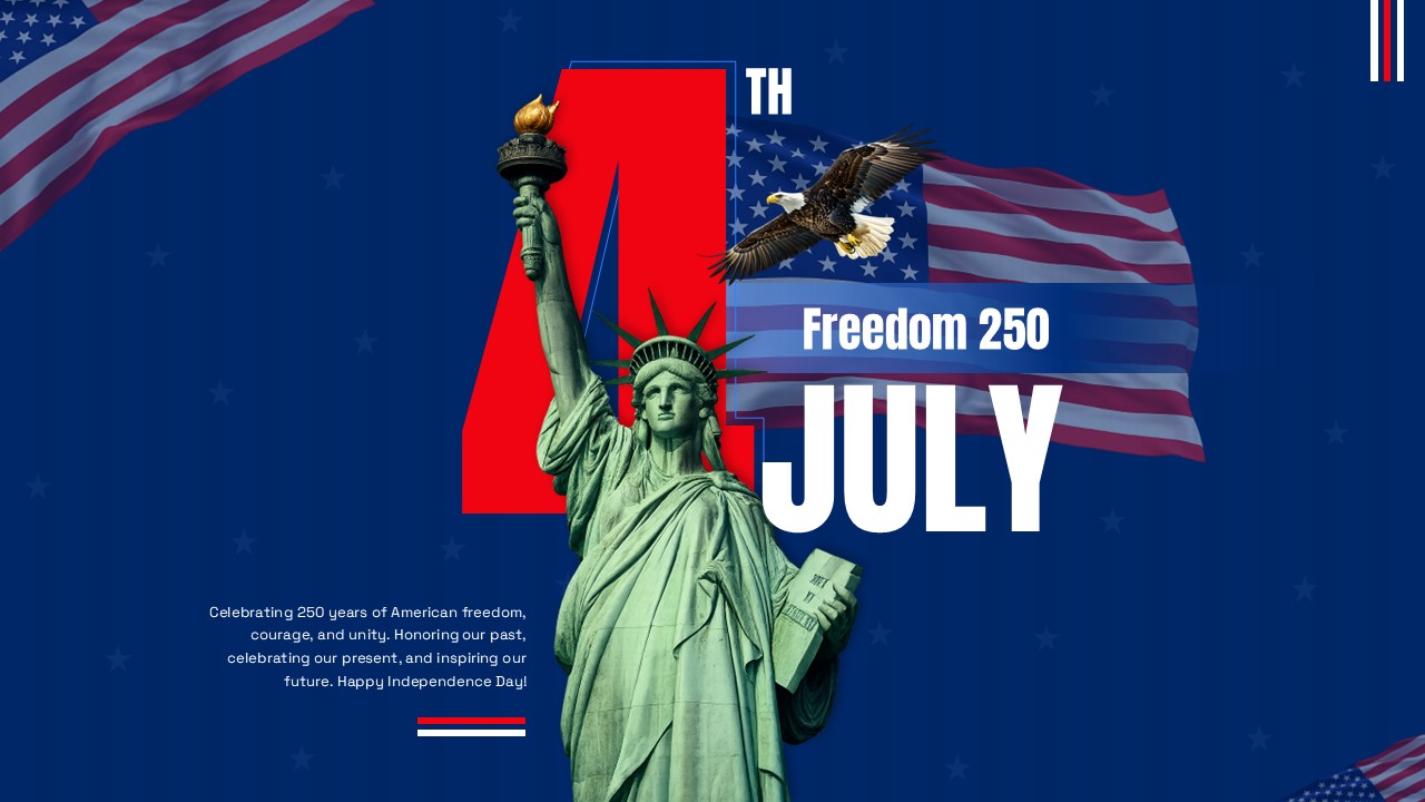 Freedom 250 presentation slide for PowerPoint and Google Slides featuring the Statue of Liberty, American flag, and Independence Day celebration theme.