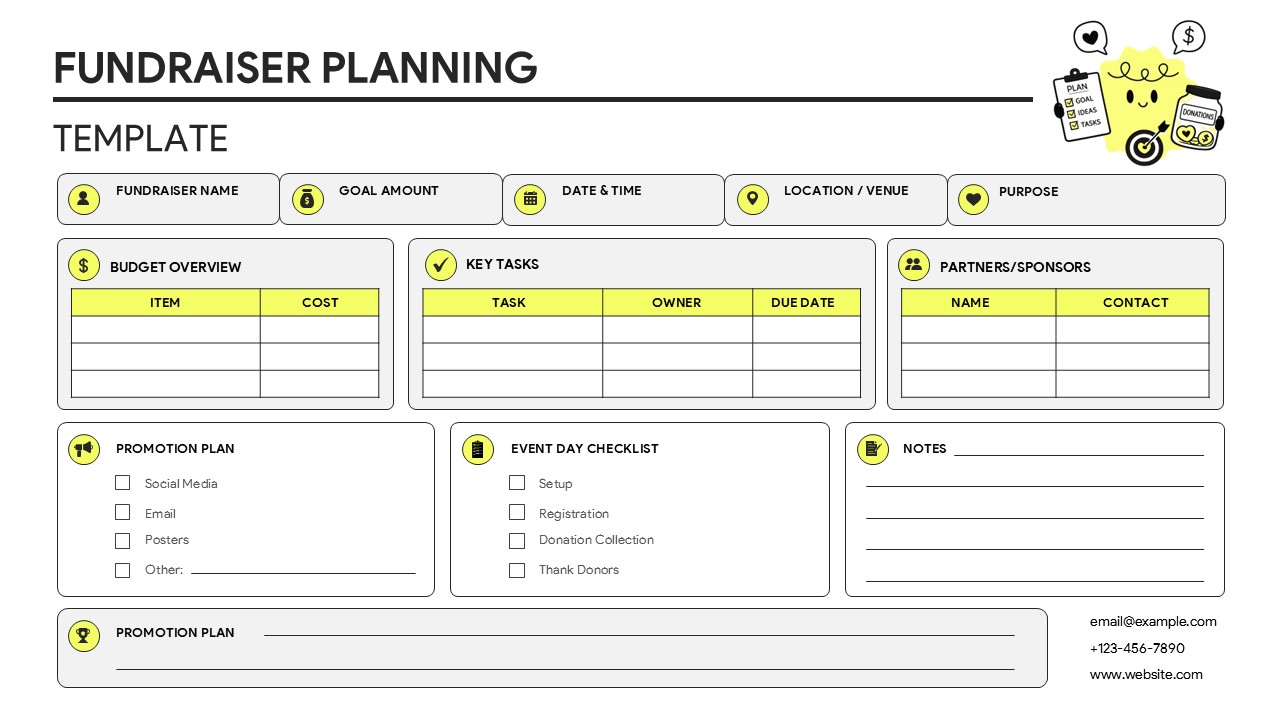 Fundraiser planning worksheet template featuring budget tracking, event checklist, sponsorship management, promotion planning, and fundraising goals.