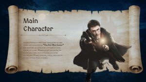 Character profile slide featuring Harry Potter image and biography section on vintage parchment background.