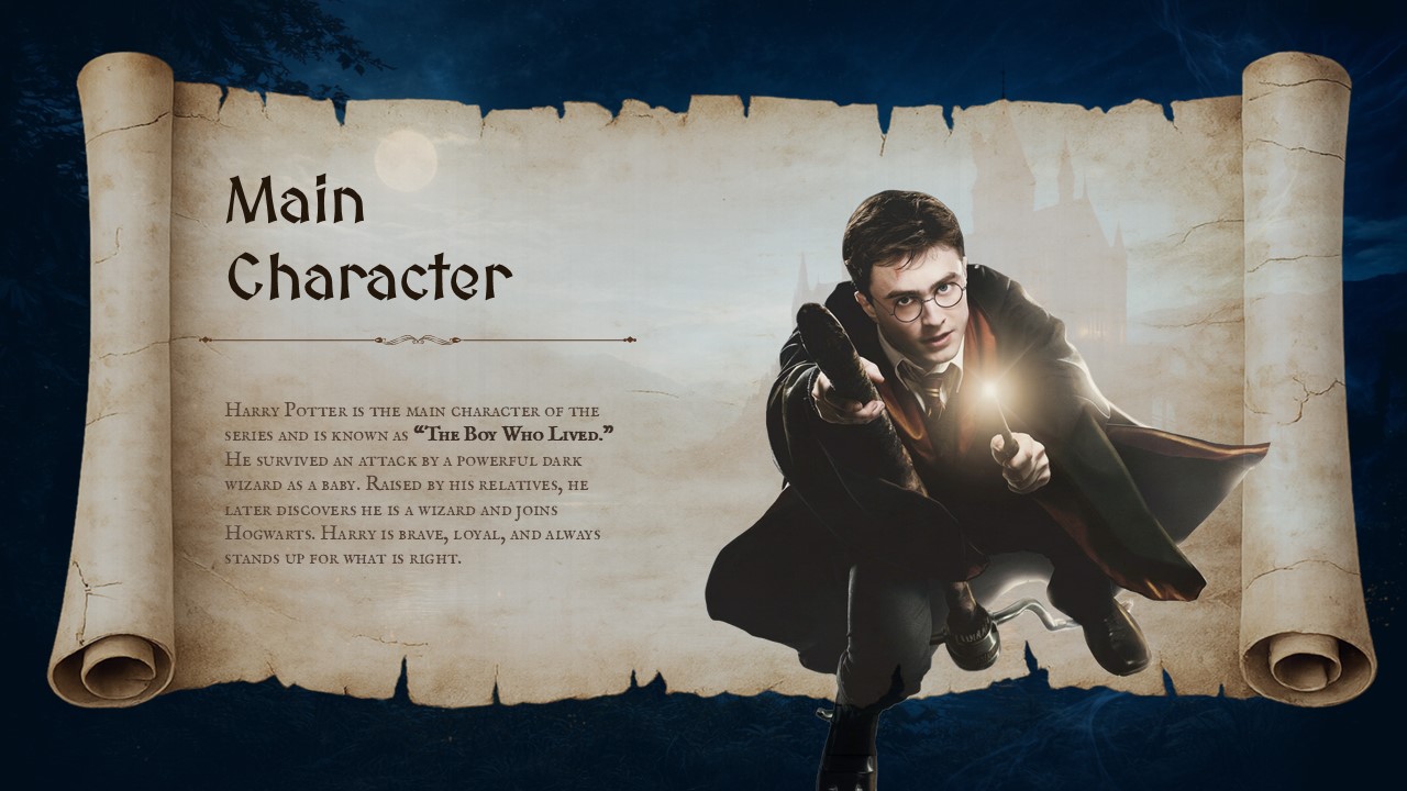 Character profile slide featuring Harry Potter image and biography section on vintage parchment background.
