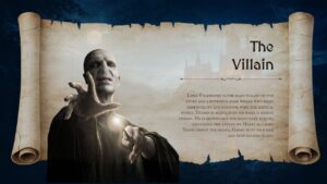 Harry Potter villain presentation slide featuring Lord Voldemort on an aged parchment background with character analysis content.