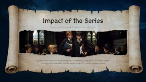 Harry Potter impact presentation slide featuring Hogwarts students and discussion content about the series' cultural influence.
