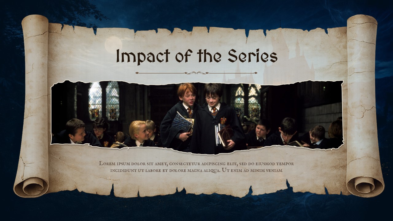 Harry Potter impact presentation slide featuring Hogwarts students and discussion content about the series' cultural influence.