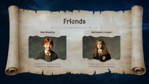 Harry Potter friendship slide featuring Ron Weasley and Hermione Granger on a parchment-style background.