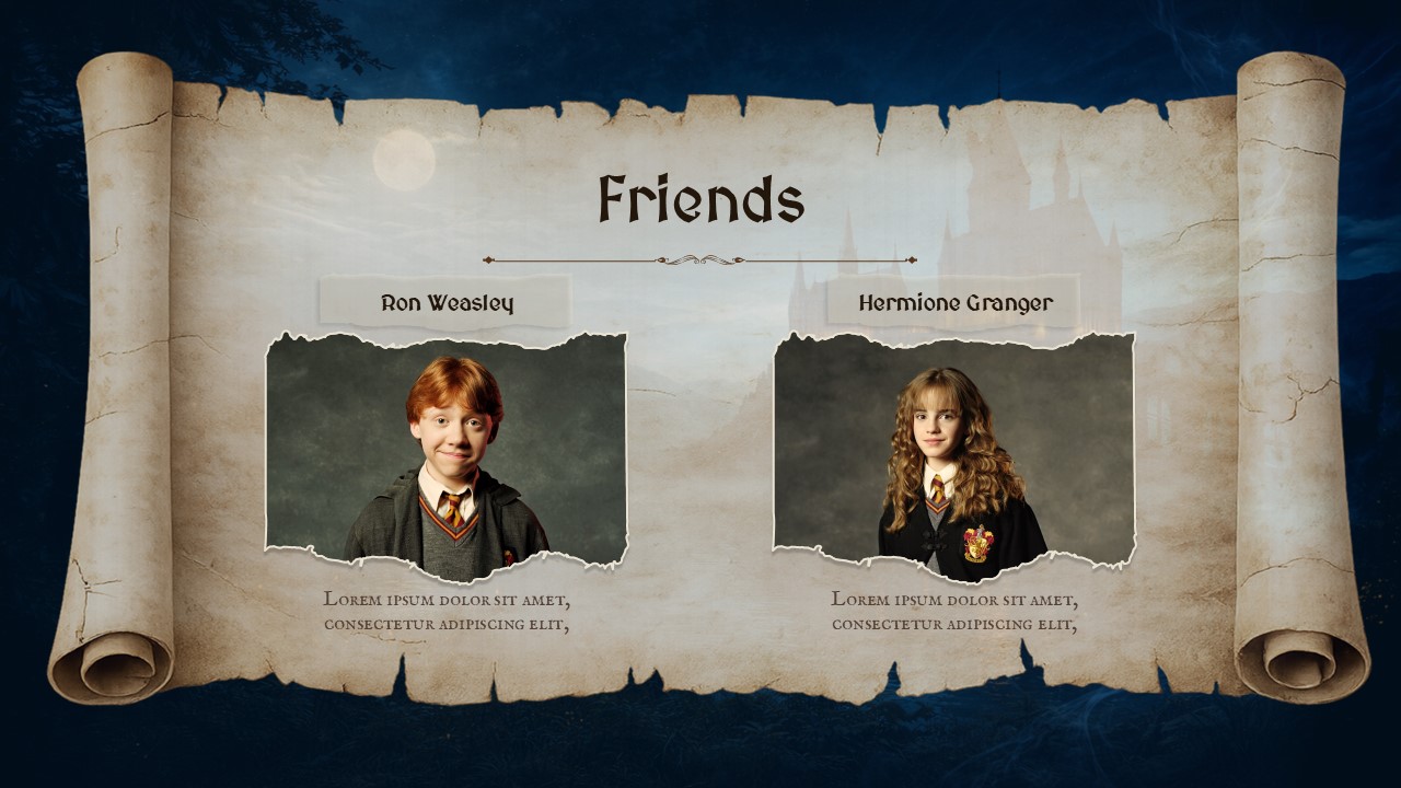 Harry Potter friendship slide featuring Ron Weasley and Hermione Granger on a parchment-style background.