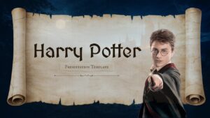 Harry Potter title slide with vintage scroll background, wizarding castle silhouette, and fantasy presentation design.