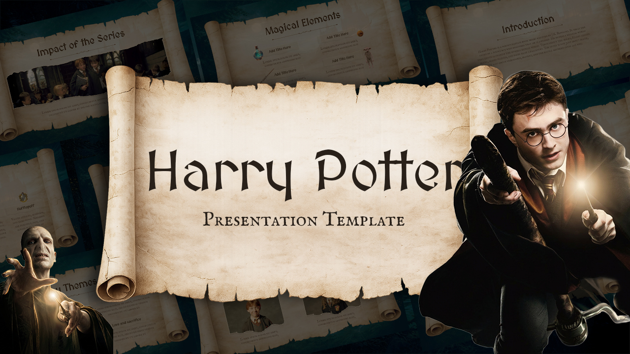 Harry Potter presentation cover slide featuring parchment scroll background, Harry Potter, Voldemort, and magical fantasy elements.