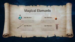 Harry Potter magical elements slide featuring potions, wands, magical creatures, and wizarding artifacts on a parchment-style presentation background.