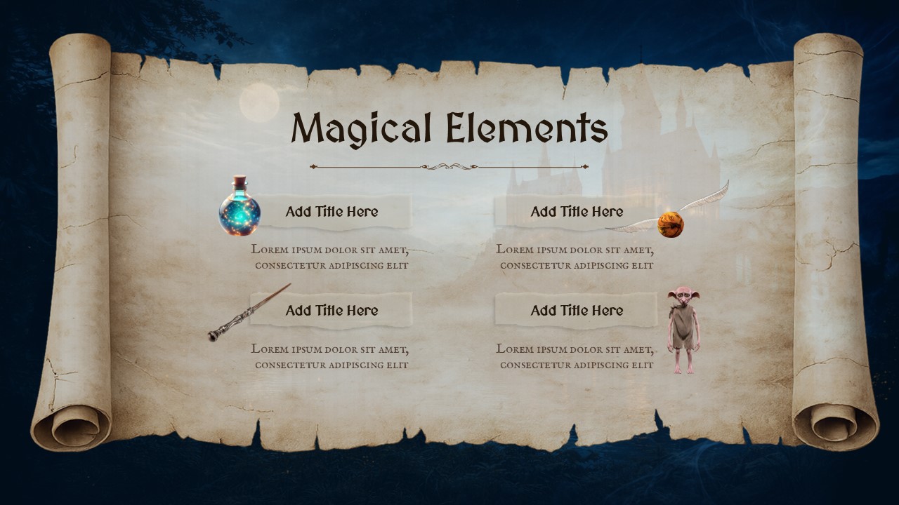 Harry Potter magical elements slide featuring potions, wands, magical creatures, and wizarding artifacts on a parchment-style presentation background.