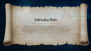 Introduction slide with Harry Potter-themed parchment background and customizable text area.