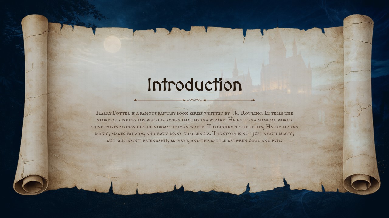 Introduction slide with Harry Potter-themed parchment background and customizable text area.