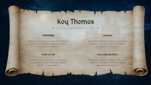 Harry Potter key themes slide highlighting friendship, courage, sacrifice, and good versus evil on a fantasy parchment background.