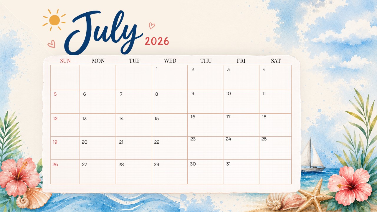 july calendar ppt slides background template