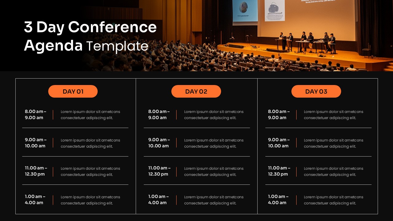 Multi-day conference agenda presentation template for PowerPoint and Google Slides with event schedules, session timelines, and daily programs.