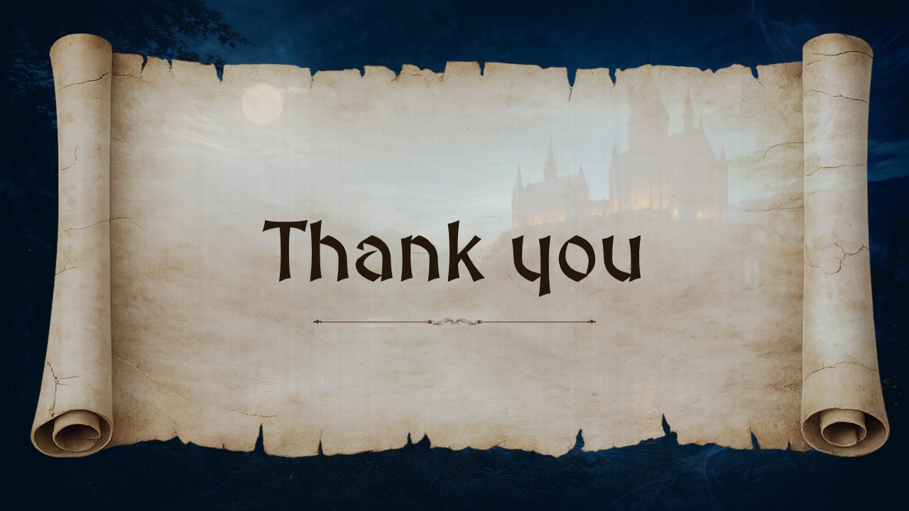 Thank you slide featuring vintage parchment background and fantasy-themed typography.