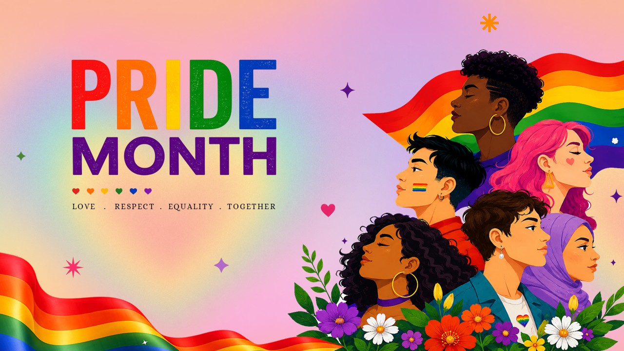 Pride Month presentation slide featuring rainbow colors, diverse LGBTQ+ community illustration, and equality awareness message for PPT & Google Slides.
