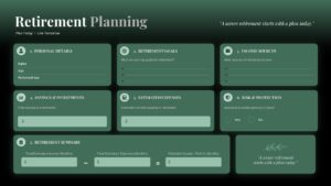 Retirement planning presentation slide with sections for retirement goals, income sources, savings, expenses, and financial planning for PPT and Google Slides.