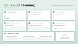 Retirement planning worksheet slide featuring financial goals, income sources, savings, expenses, and retirement summary sections.