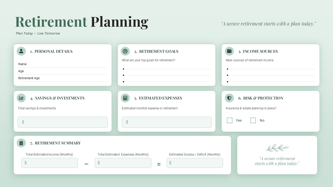 Retirement planning worksheet slide featuring financial goals, income sources, savings, expenses, and retirement summary sections.
