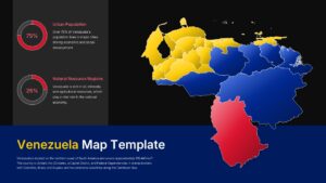 Venezuela map presentation slide with state boundaries, regional highlights, and infographic statistics for PPT and Google Slides.