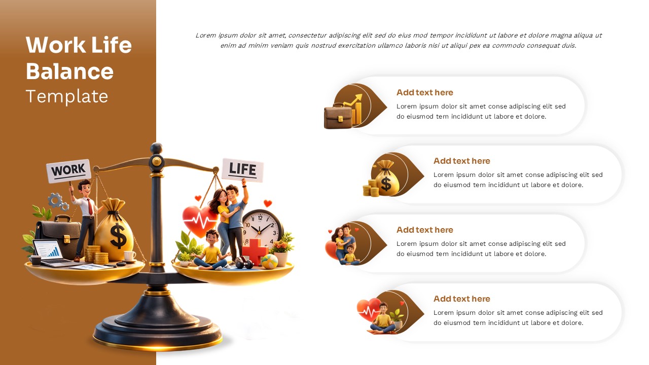 Work life balance PowerPoint presentation template illustrating career, finances, family well-being, and personal health using a balanced scale infographic.