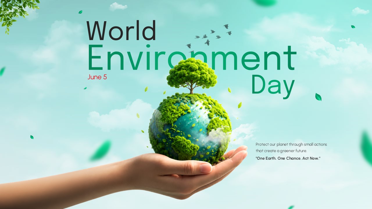 World Environment Day poster presentation template featuring a green Earth, tree, and sustainability awareness design for PowerPoint and Google Slides.