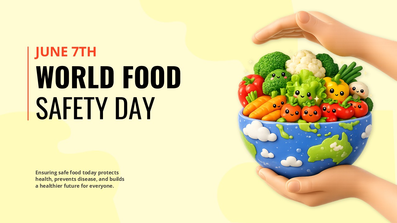 World Food Safety Day slide featuring healthy vegetables in a globe bowl, designed for PowerPoint and Google Slides presentations.