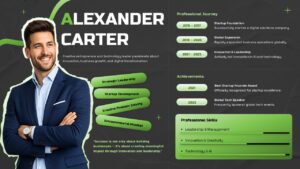 Biography PowerPoint presentation slide featuring a professional profile layout with a portrait photo, career timeline, achievements, leadership strengths, and skill progress bars. This editable PPT template is ideal for executive biographies, speaker introductions, employee profiles, personal branding, entrepreneur portfolios, corporate presentations, and professional resume presentations.