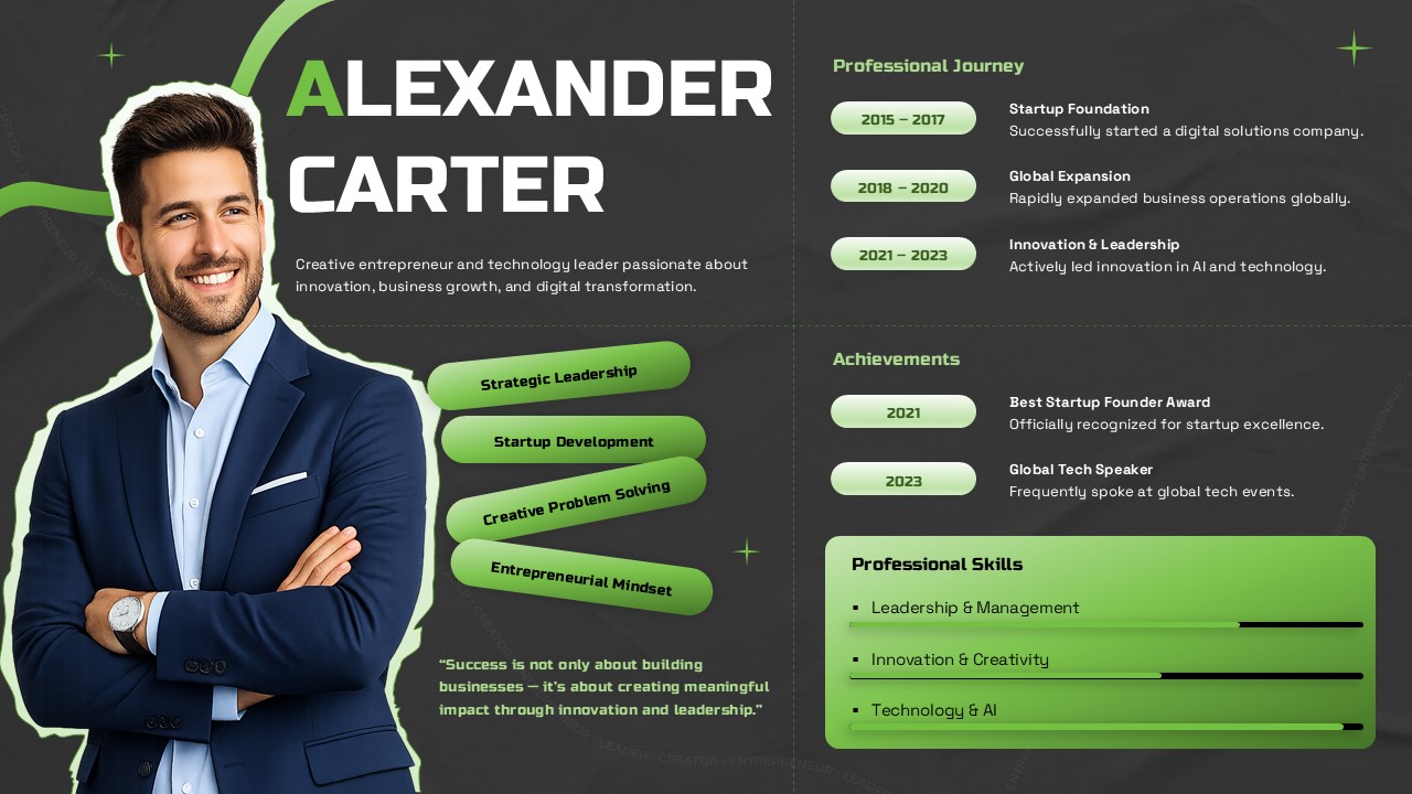Biography PowerPoint presentation slide featuring a professional profile layout with a portrait photo, career timeline, achievements, leadership strengths, and skill progress bars. This editable PPT template is ideal for executive biographies, speaker introductions, employee profiles, personal branding, entrepreneur portfolios, corporate presentations, and professional resume presentations.