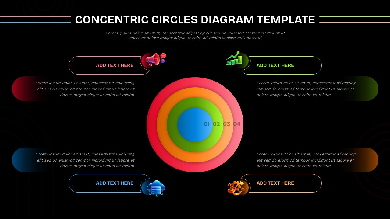Concentric Circles Diagram PowerPoint slide featuring a colorful layered circle infographic with editable callout sections, ideal for illustrating business strategy, hierarchical relationships, process models, customer segmentation, and organizational frameworks.