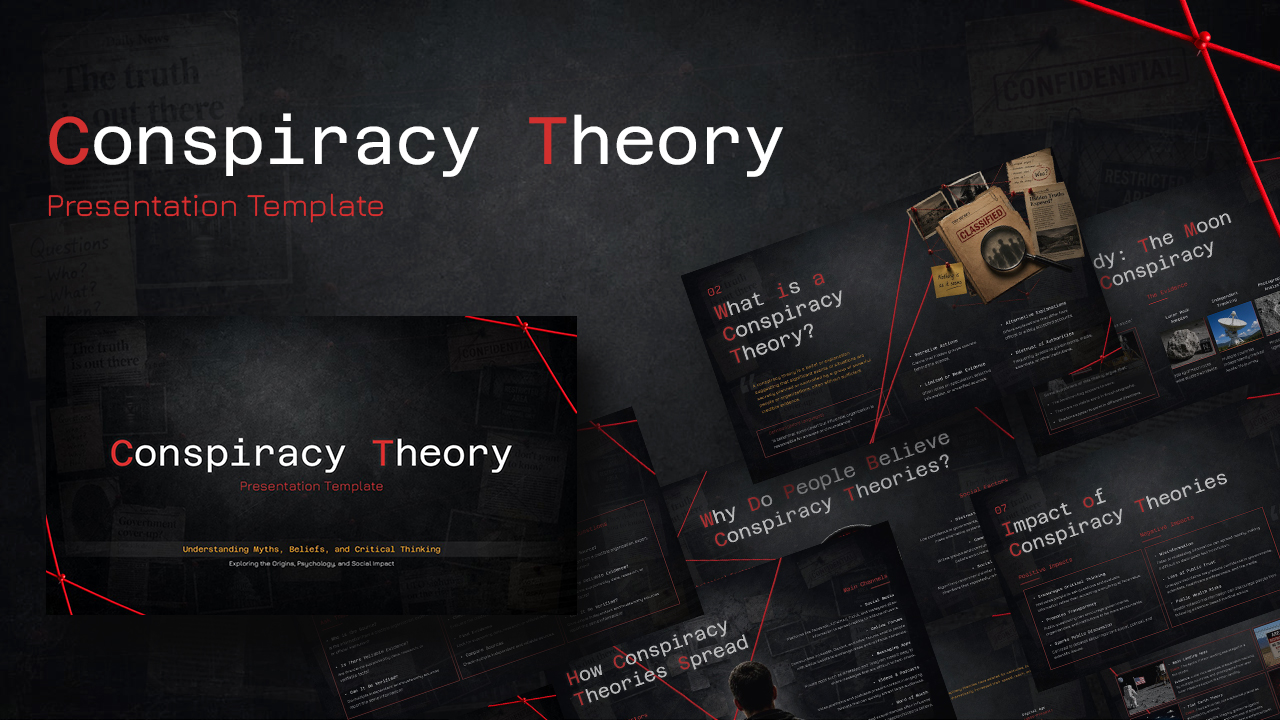 Conspiracy Theory PowerPoint presentation template featuring a dark investigative theme with evidence board visuals, connected red strings, classified documents, and editable slides for research, media analysis, and educational presentations.