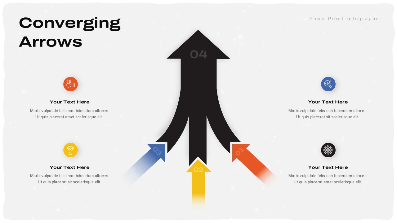 Converging Arrows PowerPoint infographic template featuring three colored arrows merging into a large upward arrow to illustrate strategy alignment, workflow integration, goal convergence, and decision-making, with editable text placeholders and icons on a clean white background.