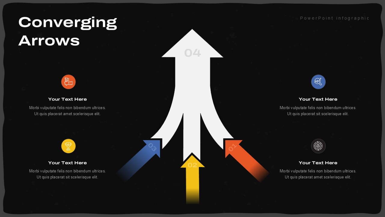 Dark-themed Converging Arrows PowerPoint infographic template with three colored arrows merging into a large upward arrow, illustrating strategy alignment, process integration, decision-making, goal convergence, and business growth, with editable text placeholders and icons.