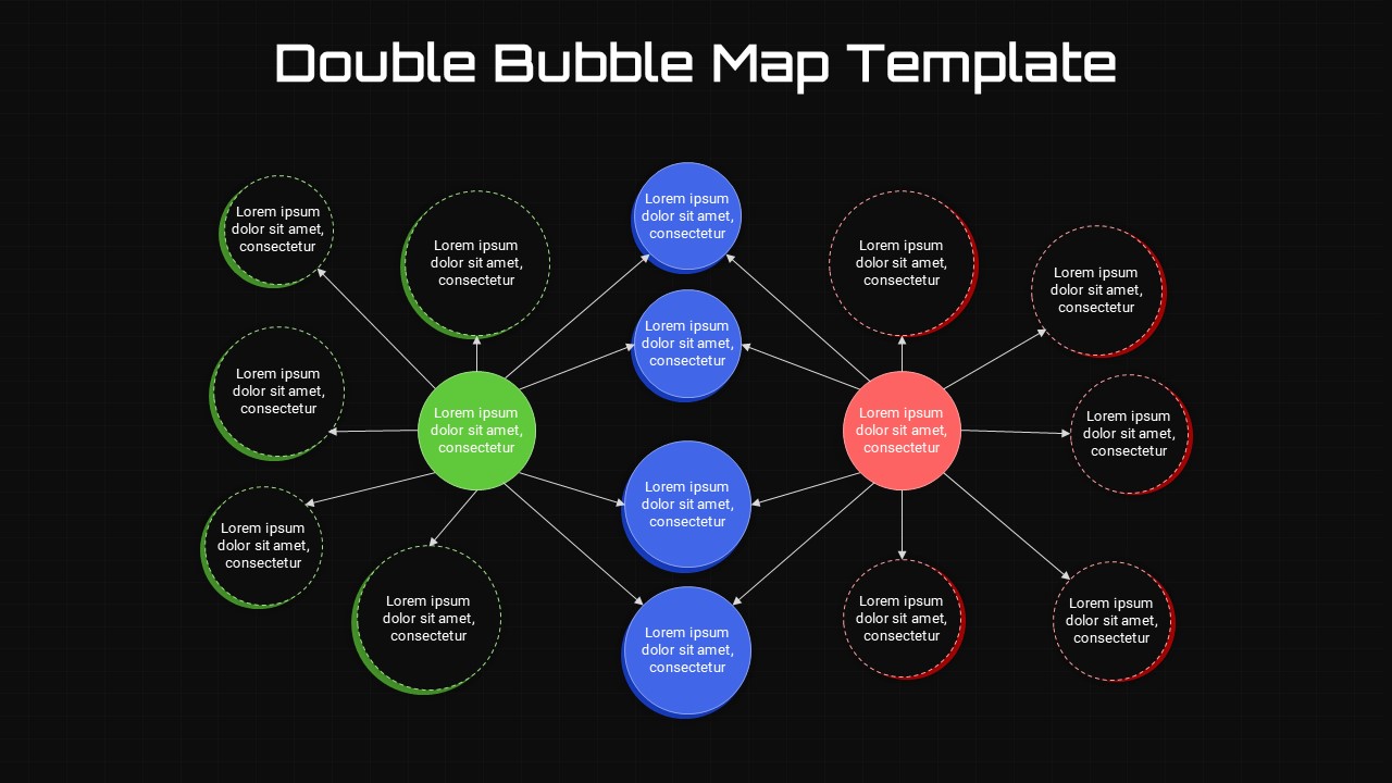 Dark-themed Double Bubble Map PowerPoint presentation slide featuring an editable comparison diagram with two central concepts connected by shared and unique idea bubbles. This PPT template is ideal for comparing products, concepts, processes, strategies, business analysis, brainstorming, education, and decision-making presentations.