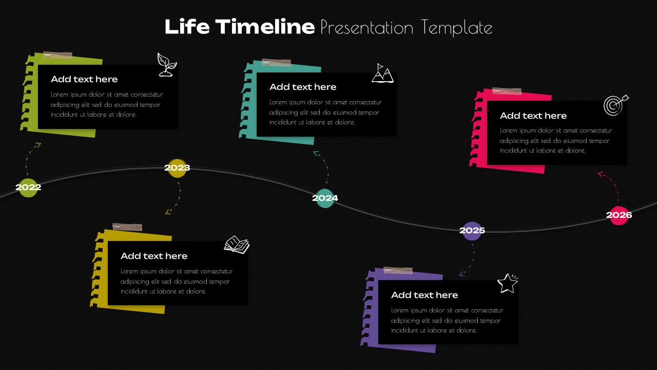 Dark-themed Life Timeline PowerPoint presentation slide featuring a curved chronological timeline with colorful milestone markers, sticky note-style content boxes, and yearly events from 2022 to 2026. This editable PPT template is ideal for presenting personal milestones, career progression, project timelines, business growth, strategic roadmaps, and achievement presentations.