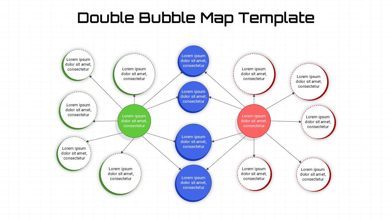 Double Bubble Map PowerPoint presentation slide featuring an editable comparison diagram with two central concepts connected by shared and unique idea bubbles. This PPT template is ideal for comparing products, concepts, processes, strategies, business analysis, brainstorming, education, and decision-making presentations.