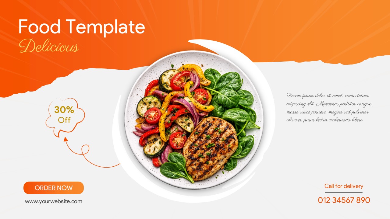 Food PowerPoint presentation slide featuring a vibrant restaurant promotion with a grilled chicken and vegetable dish, 30% discount offer, call-to-action button, and delivery contact details. This editable PPT template is ideal for restaurant menus, food delivery services, café promotions, catering businesses, hotel dining, and food marketing presentations.
