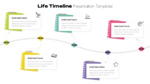 Life Timeline PowerPoint presentation slide featuring a curved chronological timeline with colorful milestone markers, sticky note-style content boxes, and yearly events from 2022 to 2026. This editable PPT template is ideal for showcasing personal milestones, career progression, project timelines, business growth, strategic roadmaps, and achievement presentations.