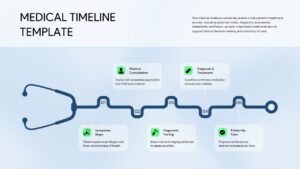 Medical Timeline PowerPoint presentation slide featuring a healthcare timeline shaped like a stethoscope with five stages: Symptoms Begin, Medical Consultation, Diagnostic Testing, Diagnosis & Treatment, and Follow-Up Care. This editable PPT template is ideal for patient care journeys, clinical workflows, treatment plans, hospital presentations, medical case studies, and healthcare reporting.