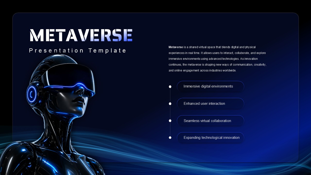 Metaverse PowerPoint presentation slide featuring a futuristic VR headset illustration with editable content sections, designed for presenting metaverse concepts, virtual reality, Web3, digital transformation, immersive technology, and innovation strategies.