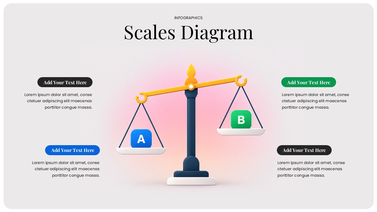 Scales Diagram PowerPoint presentation template featuring a 3D balance scale infographic for comparing options, evaluating pros and cons, and presenting decision-making concepts.