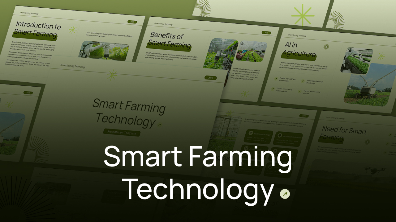 Smart Farming Technology presentation template featuring modern PowerPoint and Google Slides layouts on precision agriculture, AI in farming, smart farming benefits, automation, sustainable agriculture, and agricultural technology with clean green-themed designs.