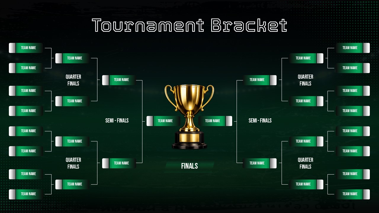 Tournament Bracket PowerPoint presentation template featuring an editable single-elimination tournament bracket with team placeholders, quarterfinals, semifinals, finals, and a central championship trophy on a dark sports-themed background.