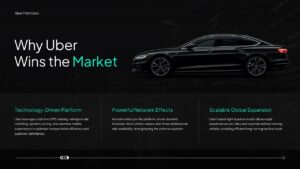 Uber-inspired PowerPoint presentation slide explaining why Uber wins the market, featuring a luxury sedan, technology-driven platform, network effects, scalable global expansion, and a modern dark-themed business presentation layout.