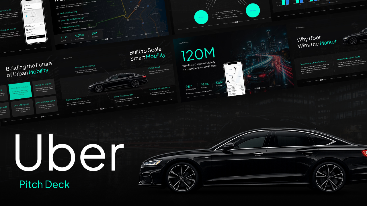 Uber-inspired pitch deck presentation cover slide featuring a sleek black luxury sedan, dark modern design, and preview thumbnails of business presentation slides for mobility strategy, market analysis, growth metrics, technology, and investor presentations.