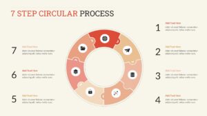 7 Step Circular Process PowerPoint template with a light background featuring a circular infographic divided into seven interconnected segments with icons representing each stage. Steps are numbered from 1 to 7 with editable text placeholders on both sides for explaining workflows, business processes, project phases, strategic planning, continuous improvement, and operational cycles. The clean white theme with warm gradient colors offers a modern and professional presentation layout.