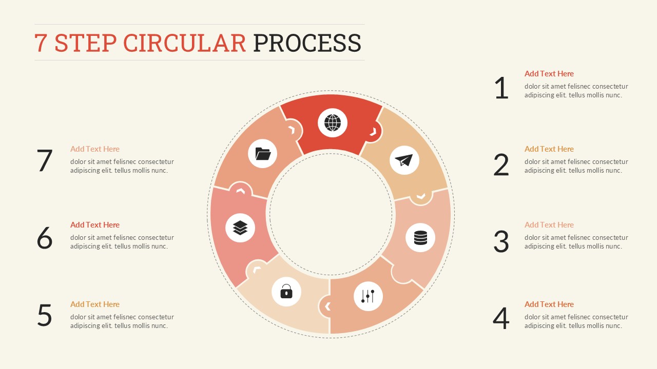 7 Step Circular Process PowerPoint template with a light background featuring a circular infographic divided into seven interconnected segments with icons representing each stage. Steps are numbered from 1 to 7 with editable text placeholders on both sides for explaining workflows, business processes, project phases, strategic planning, continuous improvement, and operational cycles. The clean white theme with warm gradient colors offers a modern and professional presentation layout.