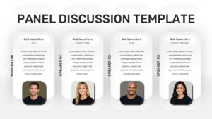 Light-themed Panel Discussion PowerPoint presentation slide featuring a clean speaker introduction layout with profile cards for a moderator and three panelists. The editable PPT template includes names, job titles, biographies, and photos, making it ideal for conferences, webinars, seminars, leadership forums, corporate events, and business presentations.
