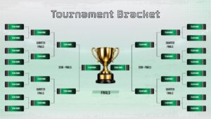 White Tournament Bracket PowerPoint presentation template with an editable single-elimination bracket, team placeholders, quarterfinals, semifinals, finals, and a central championship trophy, ideal for sports tournaments, esports competitions, and playoff presentations.