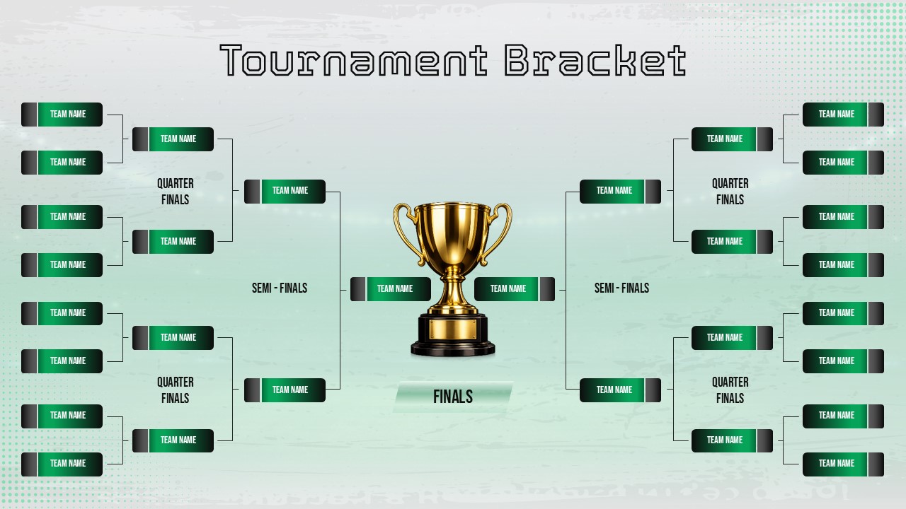 White Tournament Bracket PowerPoint presentation template with an editable single-elimination bracket, team placeholders, quarterfinals, semifinals, finals, and a central championship trophy, ideal for sports tournaments, esports competitions, and playoff presentations.